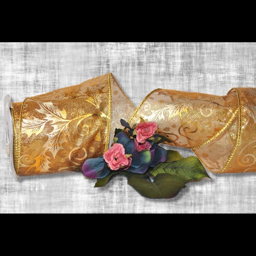 Sheer gold ribbon with floral design